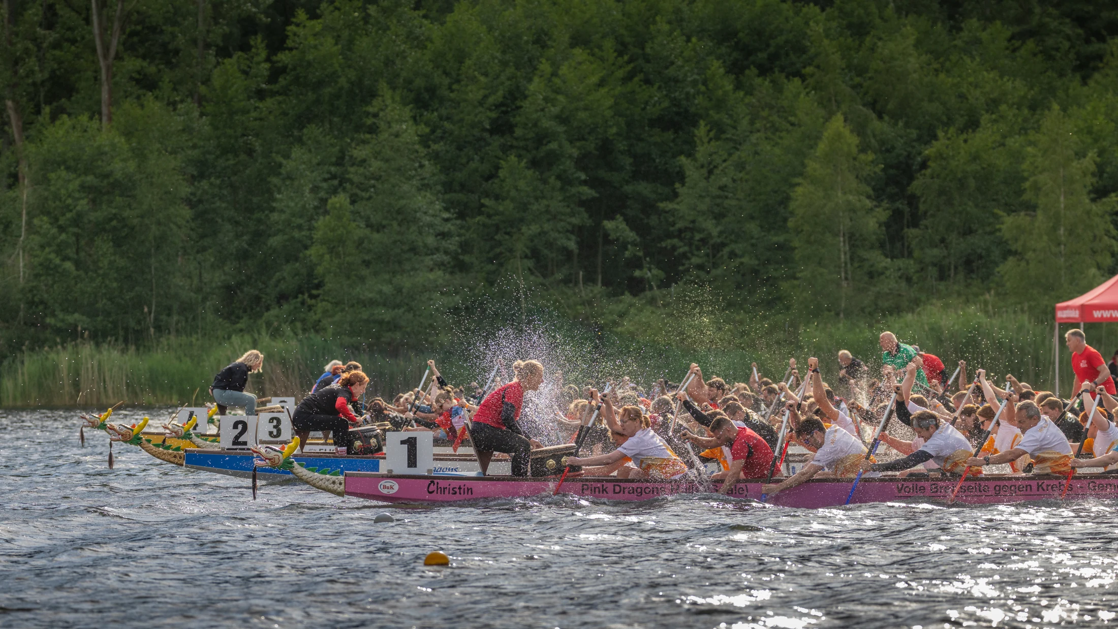 Drachenboot-Teams während einer Regatta auf dem Wasser